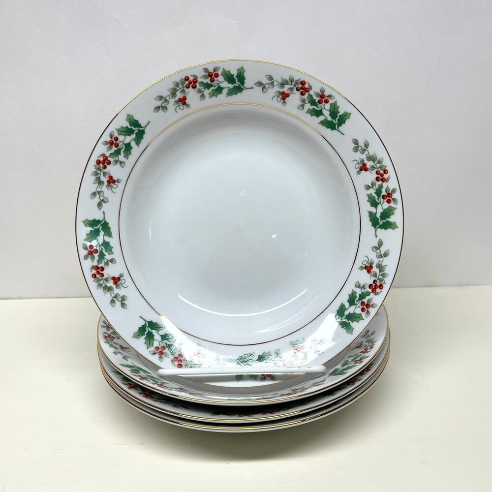 Gibson Designs Christmas Charm Shallow Bowl Holly Gold Trim Set of 4